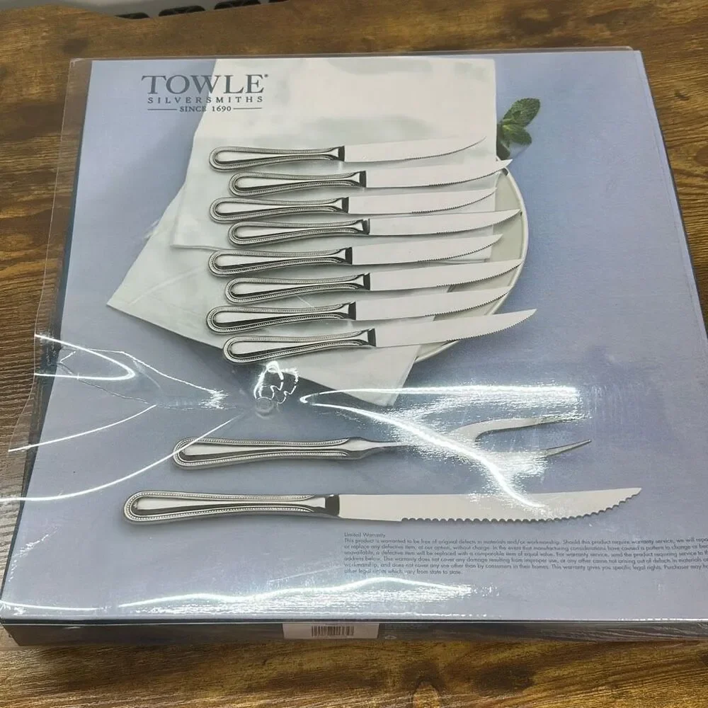 Towle Silversmiths Continental Bead 10 pc Steak + Carving Set NEW in box 5020379